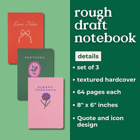 ban.do Rough Draft Notebook Journal Set of 3, Soft Cover Stitch Notebooks with 32 Lined Pages Each, Love Notes in Kuwait