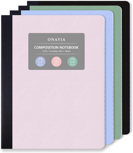 ONAVIA Composition Notebook 4 Pack, Wide Ruled Composition Notebook, Poly Cover, 9.75 x 7.5 Inch, 80 Sheets, Sewn Binding for School, Handwriting Practice, Muti Colors in Saudi Arabia