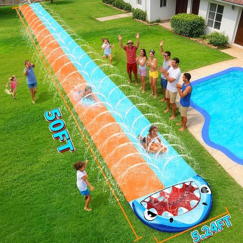 50FT Extra Long Slip Lawn Water Slide for Kids Adults, XXXL Giant Heavy Duty Outdoor Racing Slide Toy with Sprinkler N 2 Inflatable Bodyboards, Double Lane Backyard Summer Play Slip Toy with Crash Pad in Saudi Arabia