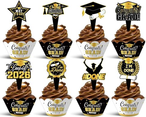 48 Pieces 2026 Graduation Cupcake Toppers and Wrappers, Adjustable Grad Cap Diploma Cake Decorations for Class of 2025 Graduation Party Supplies (Blue White) in Saudi Arabia