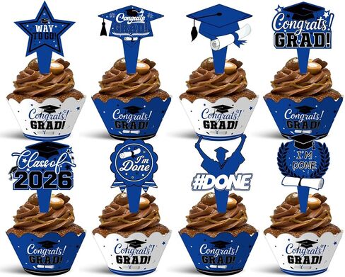 48 Pieces 2026 Graduation Cupcake Toppers and Wrappers, Adjustable Grad Cap Diploma Cake Decorations for Class of 2025 Graduation Party Supplies (Blue White) in Saudi Arabia