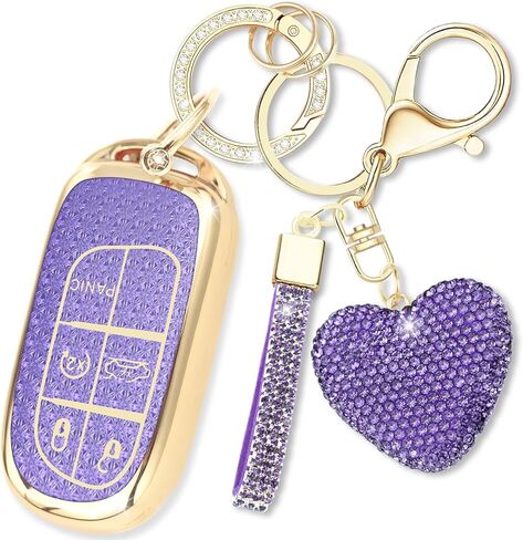 Key Fob Cover with Diamond Keychain, Car Key Shell for Women, Compatible with Jeep Grand Cherokee Renegade Dodge RAM Durango Challenger Chrysler Protector (5 Buttons-Silver Heart) in Saudi Arabia