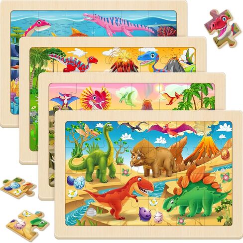 Wooden Puzzles for Kids Ages 4-6, 4 Pack 24 Pcs Toddler Puzzles Set for Ages 3-5, Early Educational Brain Teaser Toys Gift for Boys Girls 3 4 5 6 7 8 (Dinosaur, Space, Animal, Farm) in Saudi Arabia