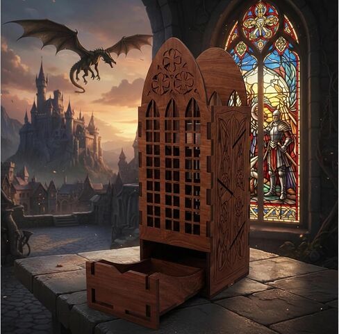 برج النرد الخشبي مع مجموعة نرد 7 DND وحقيبة، بكرة نرد RPG بلمسة نهائية من الجوز العتيق لألعاب DND Dungeons and Dragons وPathfinder وTTRPG على الطاولة in Saudi Arabia