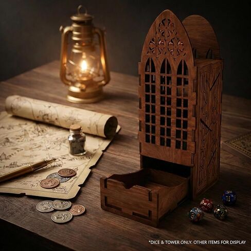 برج النرد الخشبي مع مجموعة نرد 7 DND وحقيبة، بكرة نرد RPG بلمسة نهائية من الجوز العتيق لألعاب DND Dungeons and Dragons وPathfinder وTTRPG على الطاولة in Saudi Arabia