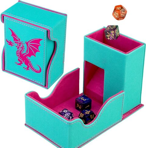 Dice Roller Tower, Premium DND Magnetic Dice Tray, Foldable PU Leather Dice Tower RPG Gifts for Dungeons and Dragons MTG Dm & Player Turquoise/Pink（Flame Dragon） in Saudi Arabia