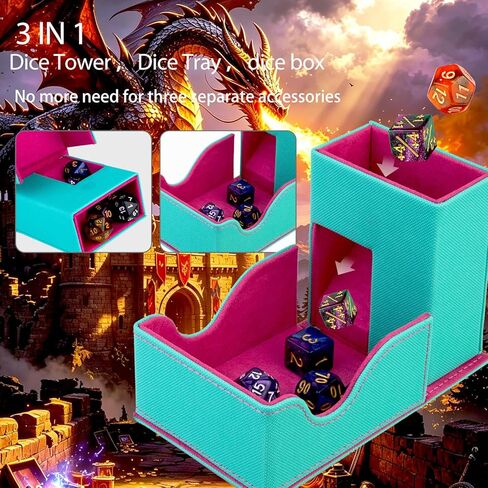 Dice Roller Tower, Premium DND Magnetic Dice Tray, Foldable PU Leather Dice Tower RPG Gifts for Dungeons and Dragons MTG Dm & Player Turquoise/Pink（Flame Dragon） in Saudi Arabia
