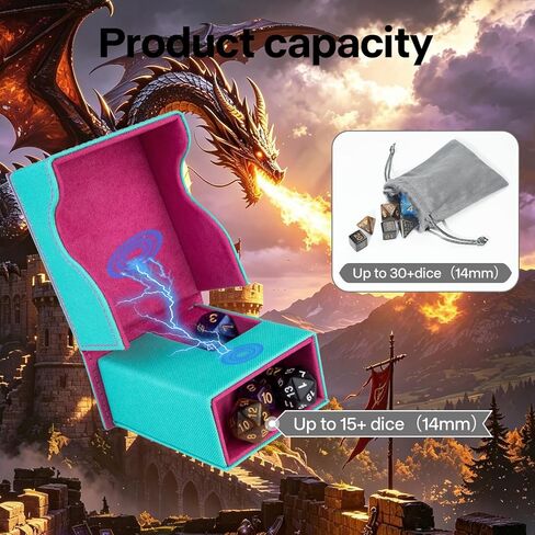 Dice Roller Tower, Premium DND Magnetic Dice Tray, Foldable PU Leather Dice Tower RPG Gifts for Dungeons and Dragons MTG Dm & Player Turquoise/Pink（Flame Dragon） in Saudi Arabia