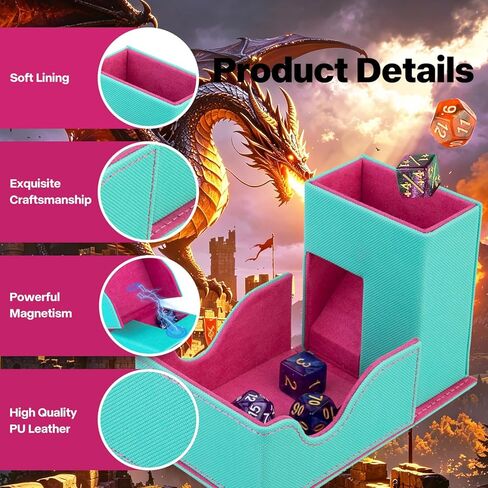 Dice Roller Tower, Premium DND Magnetic Dice Tray, Foldable PU Leather Dice Tower RPG Gifts for Dungeons and Dragons MTG Dm & Player Turquoise/Pink（Flame Dragon） in Saudi Arabia