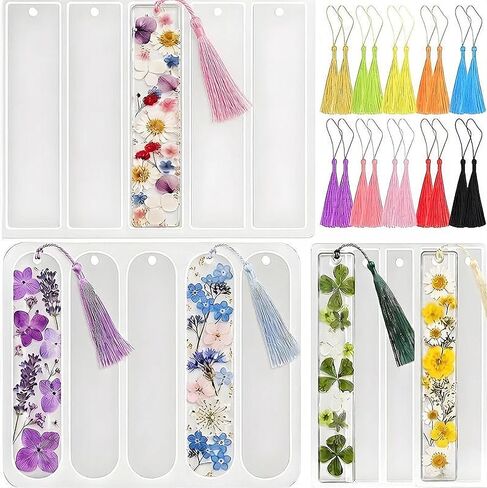 Resin Bookmark Molds Silicone Set, 12 Cavity Bookmark Silicone Molds with Hole & 20 Pcs Colorful Tassels for Epoxy Resin Casting, DIY Jewelry Making, Personalized Handmade Gifts & Art Deco in Saudi Arabia