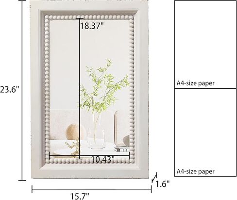 Farmhouse Mirrors for Wall Decor with Beaded Border 24 Inches, Hanging Distressed White Bathroom Mirrors for Vanity, Rustic Wood Framed Rectangular Wall Mirrors Decorative in Saudi Arabia