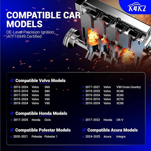 4 قطع 95660 شمعات إشعال إيريديوم مزدوجة لـ 17-25 Honda Civic CR-V، 15-24 فولفو S60 S80 S90 V60 V90 XC40 XC60 XC70 XC90، 24-25 Acura Integra، 20-21 Polestar Polestar 1 استبدال # ILZKAR8J8SY 122905PAA01 in Kuwait