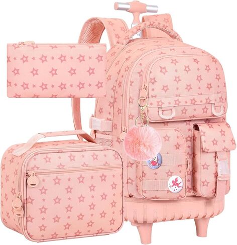 WZLVO 3PCS Rolling Backpack for Girls, Water Resistance Roller Bookbag, Women Aesthetic Wheeled School Bag Set with Lunch Box & Pencil Bag for Teens & Kids - Pink Bow in Saudi Arabia