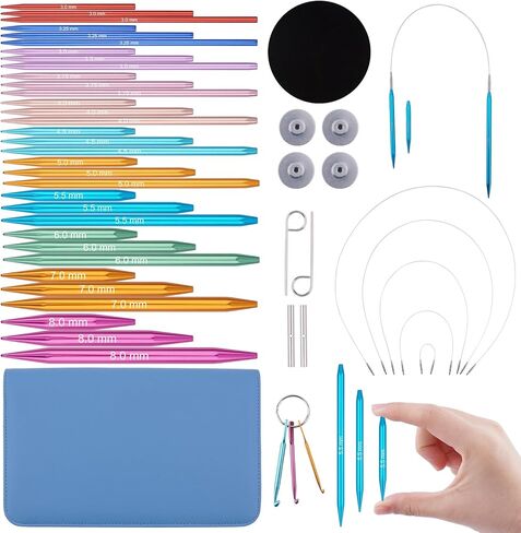 Mdoker Circular Knitting Needle with Case 11 Pairs Interchangeable Aluminum Circle Needles with 5pcs 360°Swivel Cables,Round Knitting Needles Size 3mm-8mm in Saudi Arabia