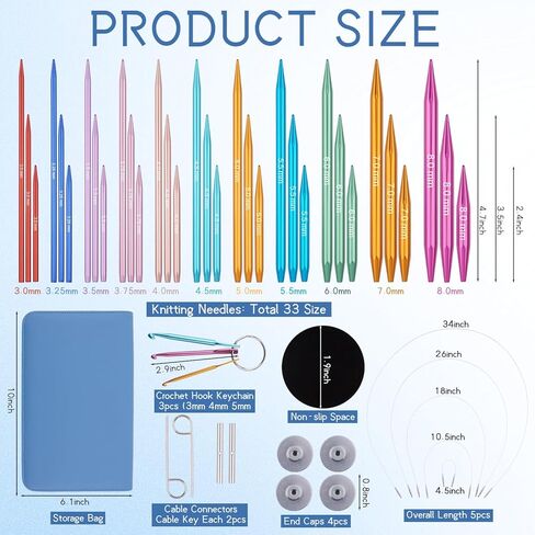 Mdoker Circular Knitting Needle with Case 11 Pairs Interchangeable Aluminum Circle Needles with 5pcs 360°Swivel Cables,Round Knitting Needles Size 3mm-8mm in Saudi Arabia