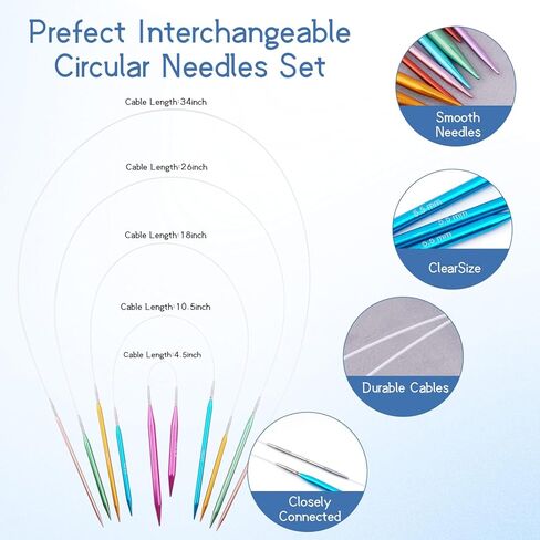 Mdoker Circular Knitting Needle with Case 11 Pairs Interchangeable Aluminum Circle Needles with 5pcs 360°Swivel Cables,Round Knitting Needles Size 3mm-8mm in Saudi Arabia