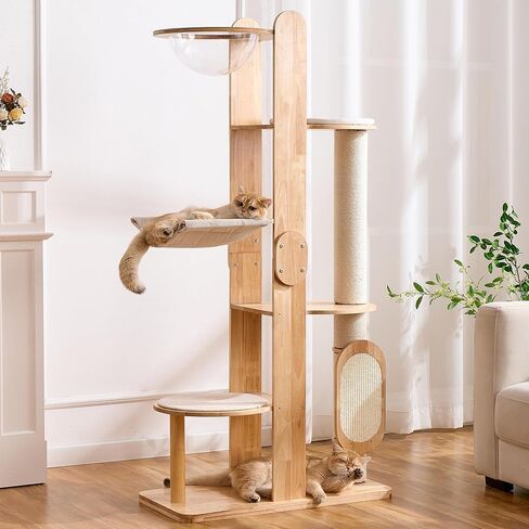 HITTITE Solid Wood Cat Tree Tower with Scratching Post, 64 Inches Tall Cat Towers with Scratching Board, Modern Cat Tower with Space Capsule and Removable Top Bed for Indoor Cats in Saudi Arabia