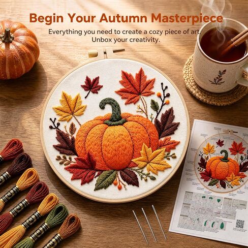 Huacan Pumkin Embroidery Kits for Beginners,Cross Stitch Kit for Adults,DIY Needlepoint with Leaf Pattern in Kuwait