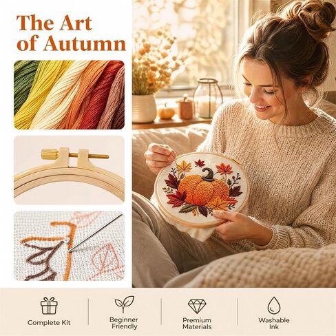Huacan Pumkin Embroidery Kits for Beginners,Cross Stitch Kit for Adults,DIY Needlepoint with Leaf Pattern in Kuwait