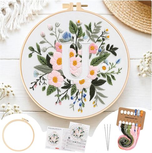 Zerzsy 7.87 '' Embroidery Kits Plant Flower Leaf English Letter Patterns for Beginners Adults, Easy to Learn Cross Stitch Kit for Home Office Decor in Saudi Arabia