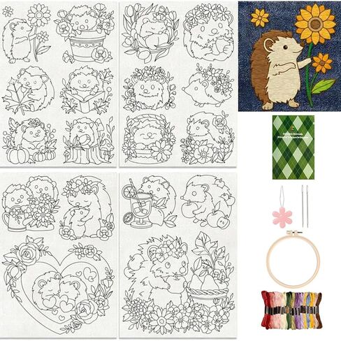 YABAYIKE 4 Sheets Water Soluble Embroidery Patterns Stabilizers Kit, Needles & Guide - Stick and Stitch Embroidery Paper with Peacock, Bird, Hedgehog & Horse Patterns for Hand Sewing Lovers (Set 3) in Saudi Arabia