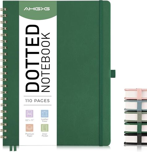 AHGXG Dotted Journal Spiral Notebook 8.5" x 11", Large A4 Leather Hardcover Dotted Notebook, 100 GSM Thick Dot Grid Paper, Inner Pocket, for Dotted Journaling, Sage Green in Saudi Arabia