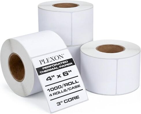 Plexon 4" x 6" Perforated Direct Thermal Labels, 3" Core, 4000 Labels - Case of 4 Rolls, 1000 Labels/Roll, Compatible with Zebra ZT230, ZT410, ZT610, ZM400, S4M, Datamax, 70GSM in Saudi Arabia