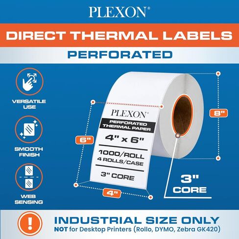 Plexon 4" x 6" Perforated Direct Thermal Labels, 3" Core, 4000 Labels - Case of 4 Rolls, 1000 Labels/Roll, Compatible with Zebra ZT230, ZT410, ZT610, ZM400, S4M, Datamax, 70GSM in Saudi Arabia
