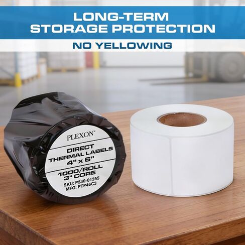 Plexon 4" x 6" Perforated Direct Thermal Labels, 3" Core, 4000 Labels - Case of 4 Rolls, 1000 Labels/Roll, Compatible with Zebra ZT230, ZT410, ZT610, ZM400, S4M, Datamax, 70GSM in Saudi Arabia