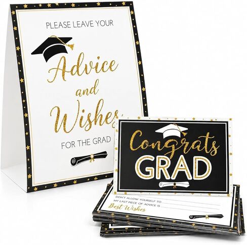Gift Boutique 50 Graduation Advice Cards Double Sided with Table Sign Black and Gold Grad Party Guest Book Alternative in Kuwait
