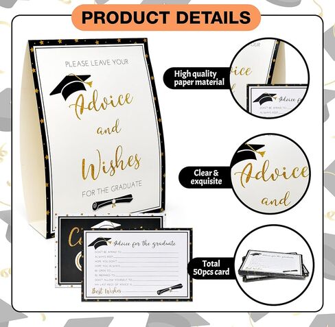 Gift Boutique 50 Graduation Advice Cards Double Sided with Table Sign Black and Gold Grad Party Guest Book Alternative in Kuwait