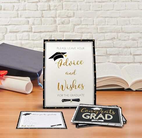 Gift Boutique 50 Graduation Advice Cards Double Sided with Table Sign Black and Gold Grad Party Guest Book Alternative in Kuwait