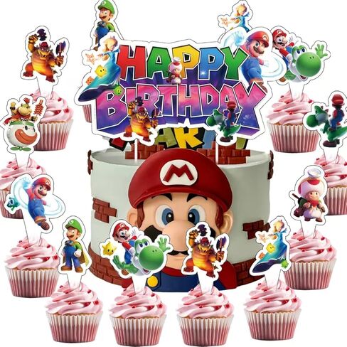 25Pcs Latest Mario Cake Decorations with 24pcs Cupcake Toppers, 1pcs Happy Birthday Cake Topper, Cartoon Themed Party Supplies, Perfect for Birthday Party Decorations in Saudi Arabia