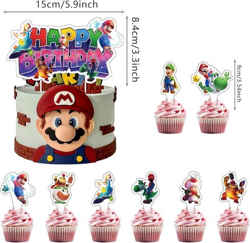 25Pcs Latest Mario Cake Decorations with 24pcs Cupcake Toppers, 1pcs Happy Birthday Cake Topper, Cartoon Themed Party Supplies, Perfect for Birthday Party Decorations in Saudi Arabia