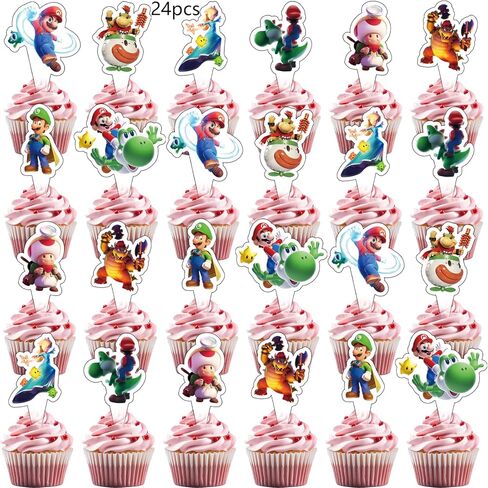 25Pcs Latest Mario Cake Decorations with 24pcs Cupcake Toppers, 1pcs Happy Birthday Cake Topper, Cartoon Themed Party Supplies, Perfect for Birthday Party Decorations in Saudi Arabia