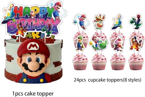 25Pcs Latest Mario Cake Decorations with 24pcs Cupcake Toppers, 1pcs Happy Birthday Cake Topper, Cartoon Themed Party Supplies, Perfect for Birthday Party Decorations in Saudi Arabia
