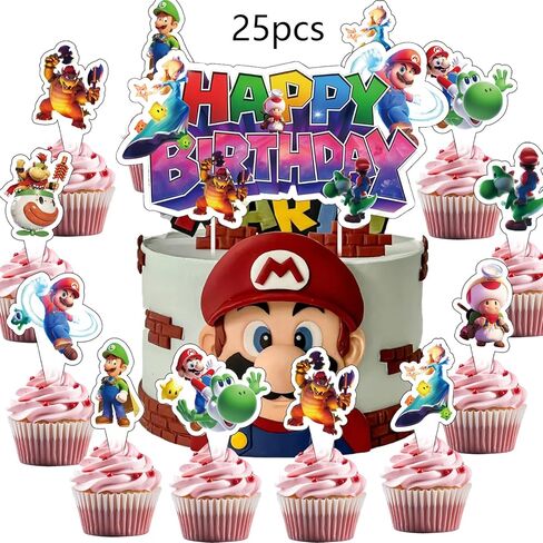 25Pcs Latest Mario Cake Decorations with 24pcs Cupcake Toppers, 1pcs Happy Birthday Cake Topper, Cartoon Themed Party Supplies, Perfect for Birthday Party Decorations in Saudi Arabia