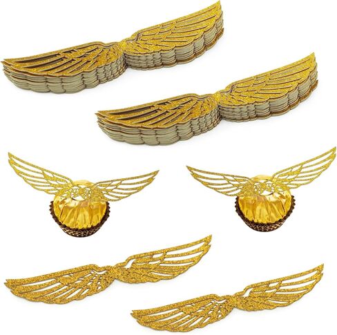 50 Pcs Golden Snitch Style Wings, Glitter Golden Hollow-Out Wafer Chocolate Decorations with Adhesive Dots, Wizard Theme Party Cupcake Cake Toppers for Birthday, Wedding, Christmas Supplies in Saudi Arabia