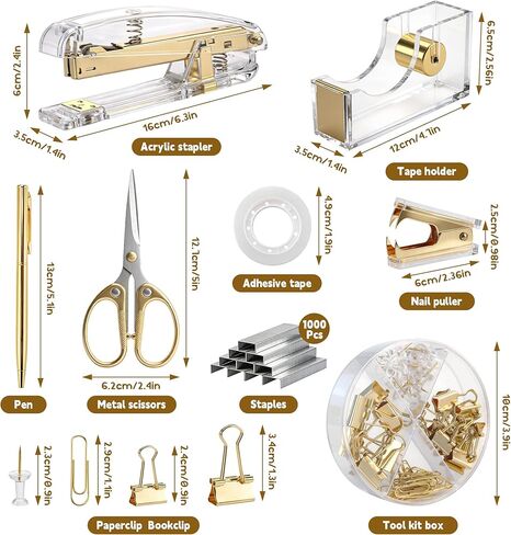 11 Pcs Acrylic Office Supplies Set Clear Desk Oganizer Accessories Kit include 2 Ballpoint Pen Pen Holder Stapler Tape Dispenser Staple Remover Clips Scissors for Office School Home in Saudi Arabia