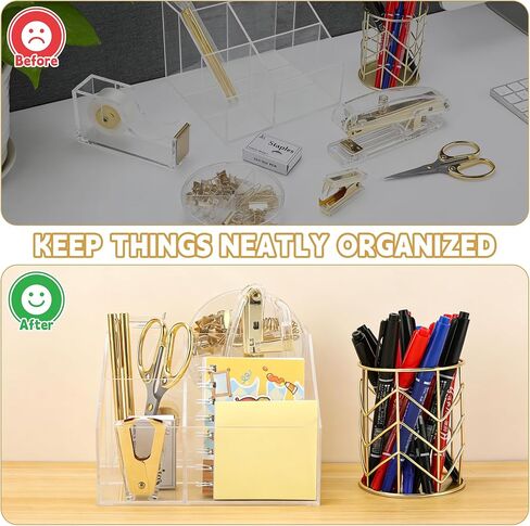 11 Pcs Acrylic Office Supplies Set Clear Desk Oganizer Accessories Kit include 2 Ballpoint Pen Pen Holder Stapler Tape Dispenser Staple Remover Clips Scissors for Office School Home in Saudi Arabia