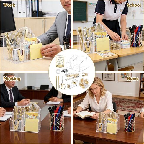 11 Pcs Acrylic Office Supplies Set Clear Desk Oganizer Accessories Kit include 2 Ballpoint Pen Pen Holder Stapler Tape Dispenser Staple Remover Clips Scissors for Office School Home in Saudi Arabia