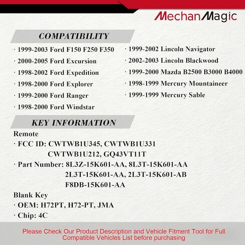 طقم استبدال مفتاح MechanMagic يناسب Ford F150 F250 F350 Explorer Expedition Excursion Ranger Lincoln 1998-2003 عن بعد مع مفتاح إشعال مرسل مستجيب غير مقطوع (رقاقة H72-PT 4C) in Kuwait