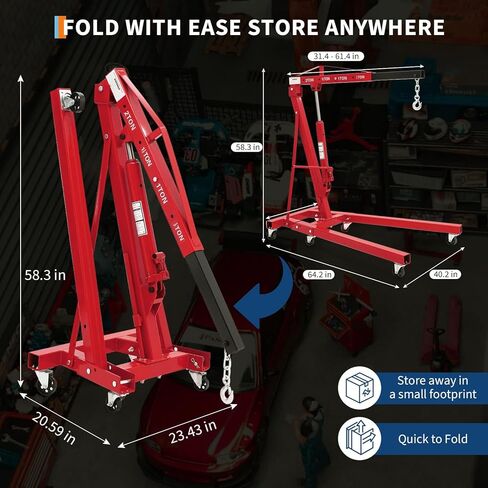 2 Ton Folding Hydraulic Engine Hoist with 59 in Load Leveler 4400 LBS Capacity Heavy Duty Cherry Picker 6 Swivel Wheels,Engine Support Bar 1100 LBS Capacity for Garage Workshop Warehouse Red in Kuwait