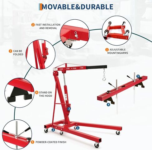 2 Ton Folding Hydraulic Engine Hoist with 59 in Load Leveler 4400 LBS Capacity Heavy Duty Cherry Picker 6 Swivel Wheels,Engine Support Bar 1100 LBS Capacity for Garage Workshop Warehouse Red in Kuwait