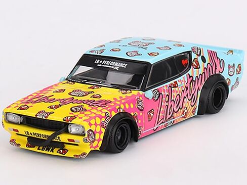 Skyline Kenmeri Liberty Walk RHD (محرك اليد اليمنى) Kuma أزرق فاتح وأصفر مع رسومات إصدار محدود 1/64 Diecast Model Car من Mini GT MGT00698 in Kuwait