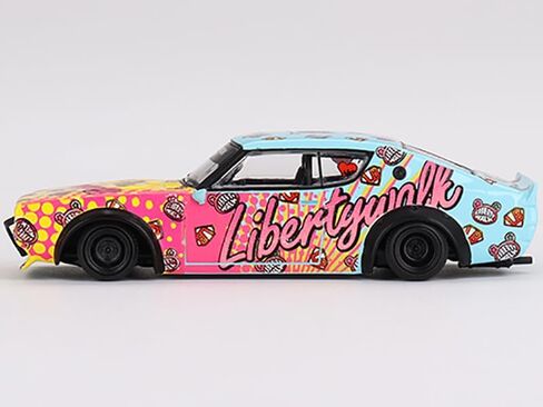 Skyline Kenmeri Liberty Walk RHD (محرك اليد اليمنى) Kuma أزرق فاتح وأصفر مع رسومات إصدار محدود 1/64 Diecast Model Car من Mini GT MGT00698 in Kuwait
