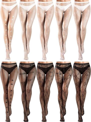 Ramede 10 Pairs Fishnet Thigh High Stockings for Women Goth Fish Nets Lace Mesh Tights High Waist Fishnet Leggings Pantyhose(Adorable,White) in Kuwait