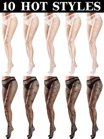 Ramede 10 Pairs Fishnet Thigh High Stockings for Women Goth Fish Nets Lace Mesh Tights High Waist Fishnet Leggings Pantyhose(Adorable,White) in Kuwait