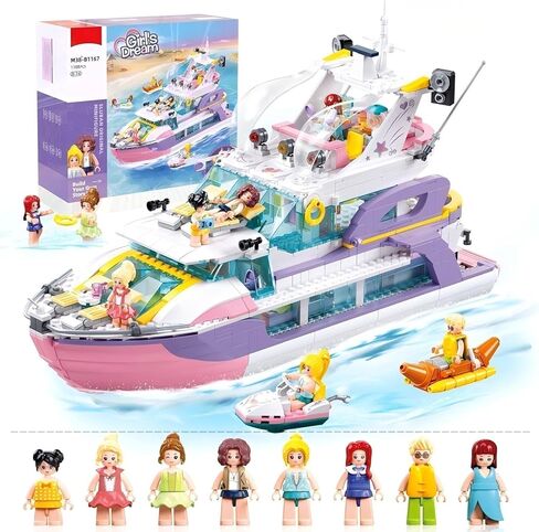 Friends Pink Yacht for Girls 8-12, Cruise Ship Building Toys with 8 Minifigures & 2 Boats, Compatible with Lego Friends Girls Ship, Gifts for Kids Girls Ages 8+, 1108 PCS in Saudi Arabia