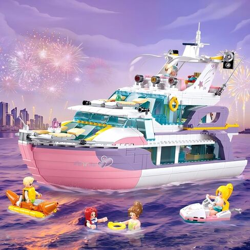 Friends Pink Yacht for Girls 8-12, Cruise Ship Building Toys with 8 Minifigures & 2 Boats, Compatible with Lego Friends Girls Ship, Gifts for Kids Girls Ages 8+, 1108 PCS in Saudi Arabia